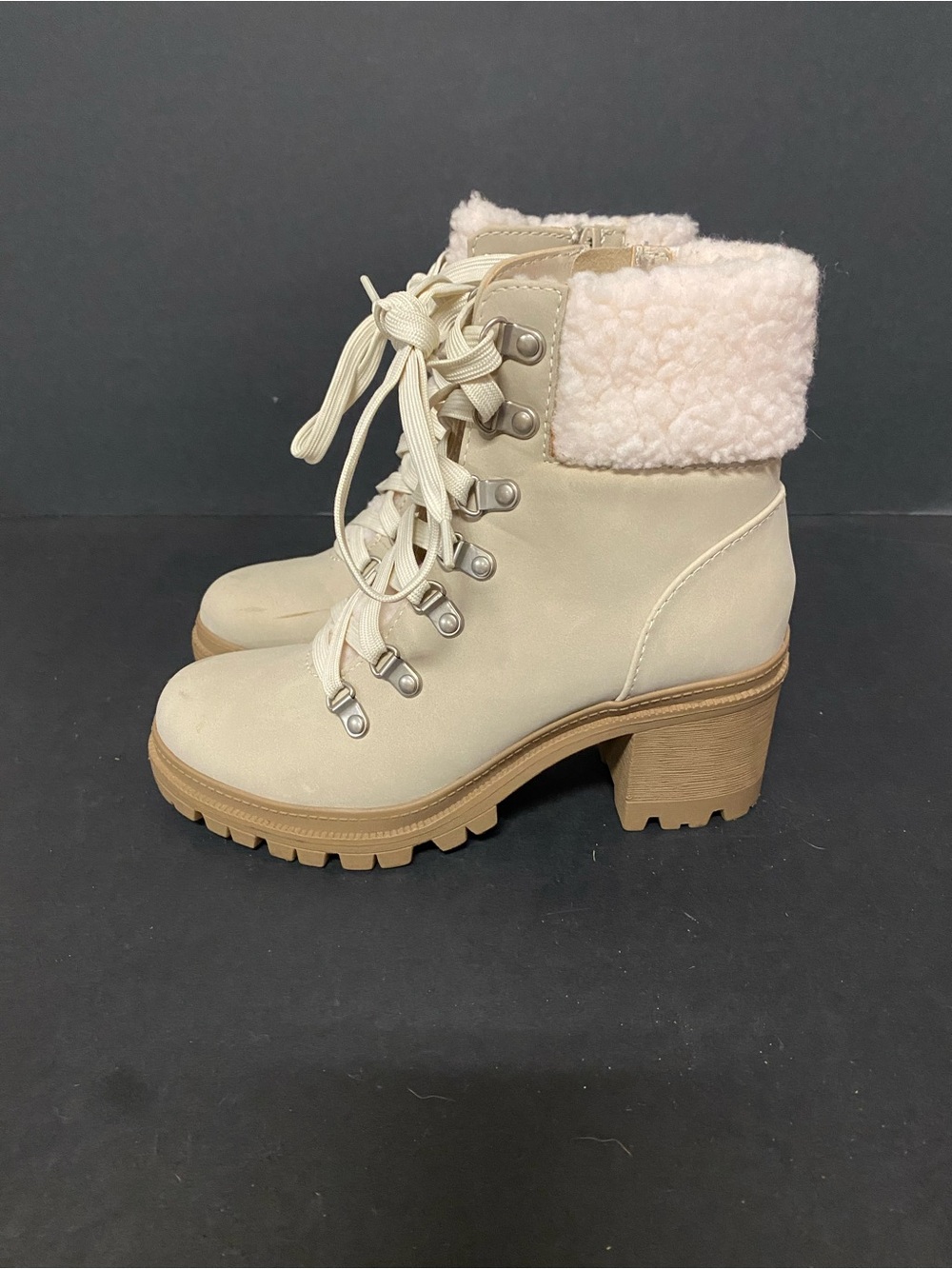 Women’s Faux-Shearling Lace-Up Ankle Boots in Cream